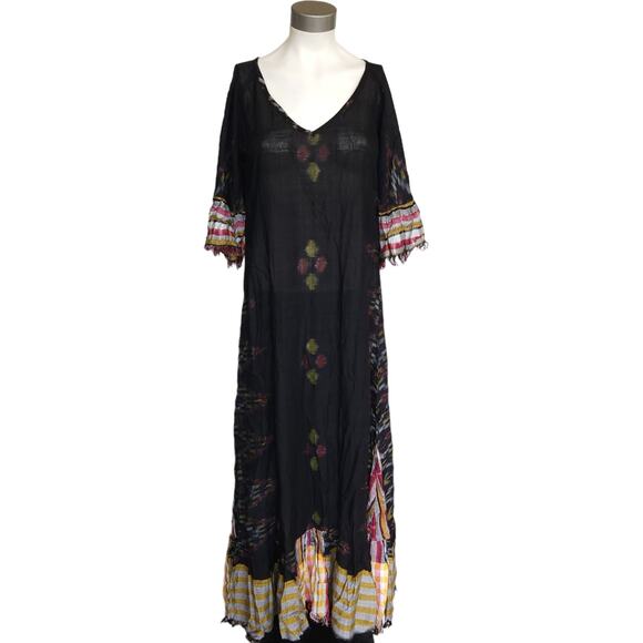 ERIKA PENA Tribal E Margarita Long Ikat maxi ruffle fringe black dress S / M NEW - Picture 1 of 8